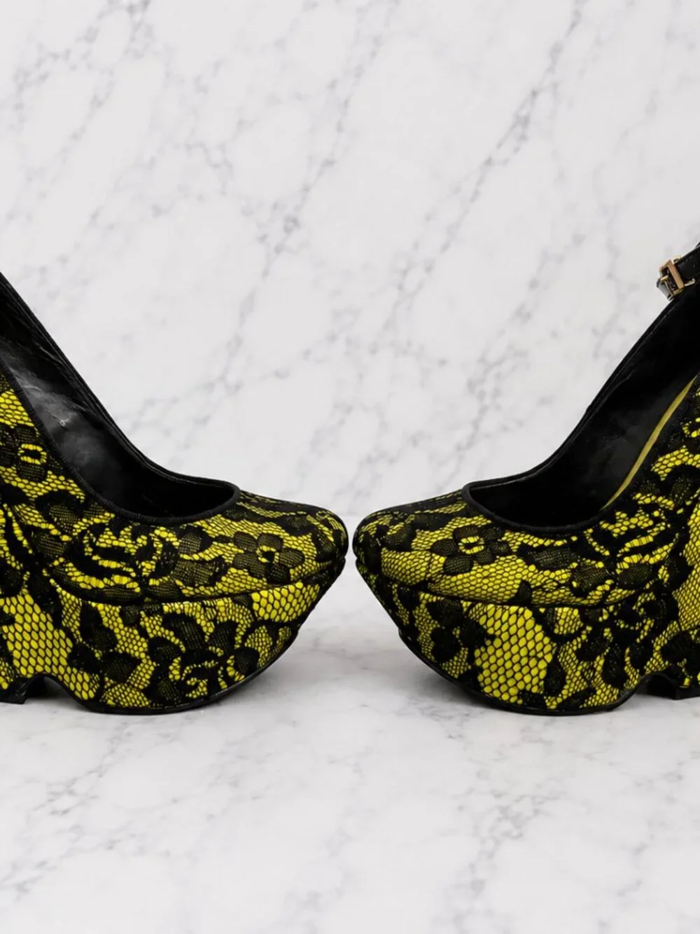 ALDO Yellow & Black Lace Platform Wedge Heels